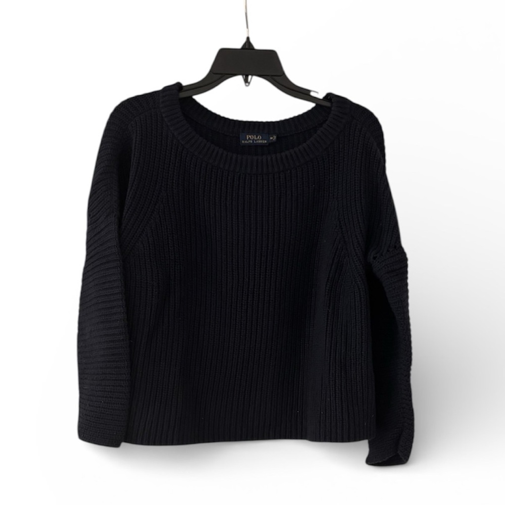 POLO RALPH LAUREN Navy Boatneck Ribbed  Cropped 100% Cotton Sweater